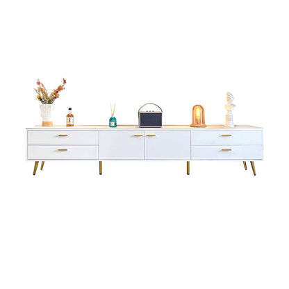 White Glam Style TV Stand Stone Enclosed Storage TV Cabinet with 4 Drawers 94.5"L x 16"W x 18"H Clearhalo 'furn' 'furn_tv_stands_entertainment_centers' 'Furniture' 'Living Room Furniture' 'TV Stands & Entertainment Centers' 'TV Stands & Media Storage Furniture' 'tv_stands_entertainment_centers' 5390417