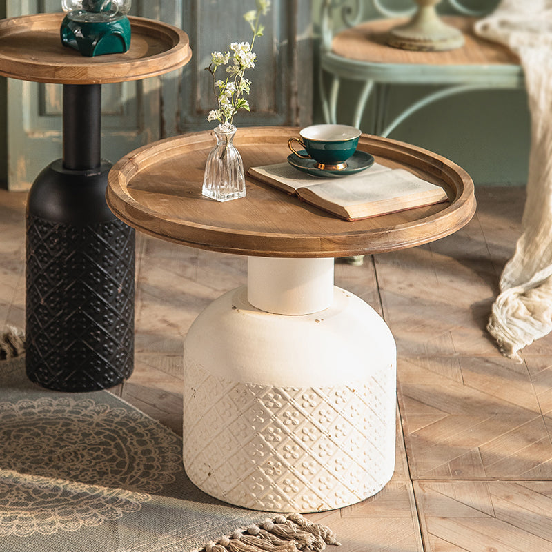 Rustic Iron Pedestal Round Wood Top Coffee Table - Distressed Surface Treatment Clearhalo 'Coffee & Accent Tables' 'Coffee Tables' 'coffee_tables' 'furn' 'furn_coffee_tables' 'Furniture' 'Living Room Furniture' 5391163
