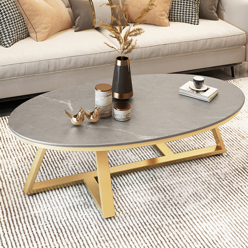 Glam Metal Cross Legs Coffee Table Faux Marble/Slate Oval Coffee Table 47"L x 24"W x 18"H Gold Gray Clearhalo 'Coffee & Accent Tables' 'Coffee Tables' 'coffee_tables' 'furn' 'furn_coffee_tables' 'Furniture' 'Living Room Furniture' 5391420