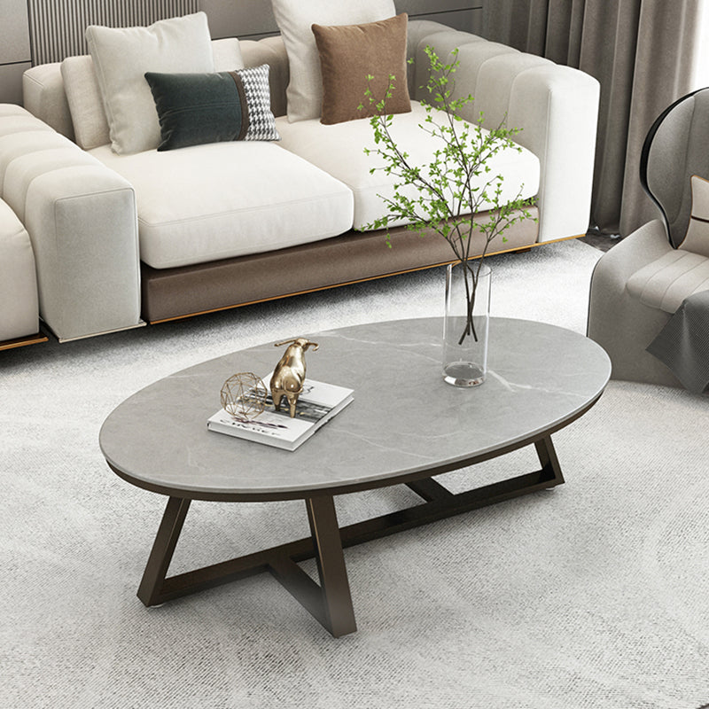 Glam Metal Cross Legs Coffee Table Faux Marble/Slate Oval Coffee Table 47"L x 24"W x 18"H Black Gray Clearhalo 'Coffee & Accent Tables' 'Coffee Tables' 'coffee_tables' 'furn' 'furn_coffee_tables' 'Furniture' 'Living Room Furniture' 5391424