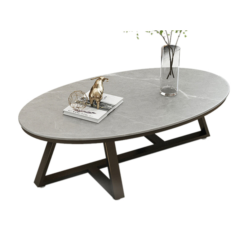 Glam Metal Cross Legs Coffee Table Faux Marble/Slate Oval Coffee Table 39.5"L x 19.5"W x 18"H Black Gray Clearhalo 'Coffee & Accent Tables' 'Coffee Tables' 'coffee_tables' 'furn' 'furn_coffee_tables' 'Furniture' 'Living Room Furniture' 5391425