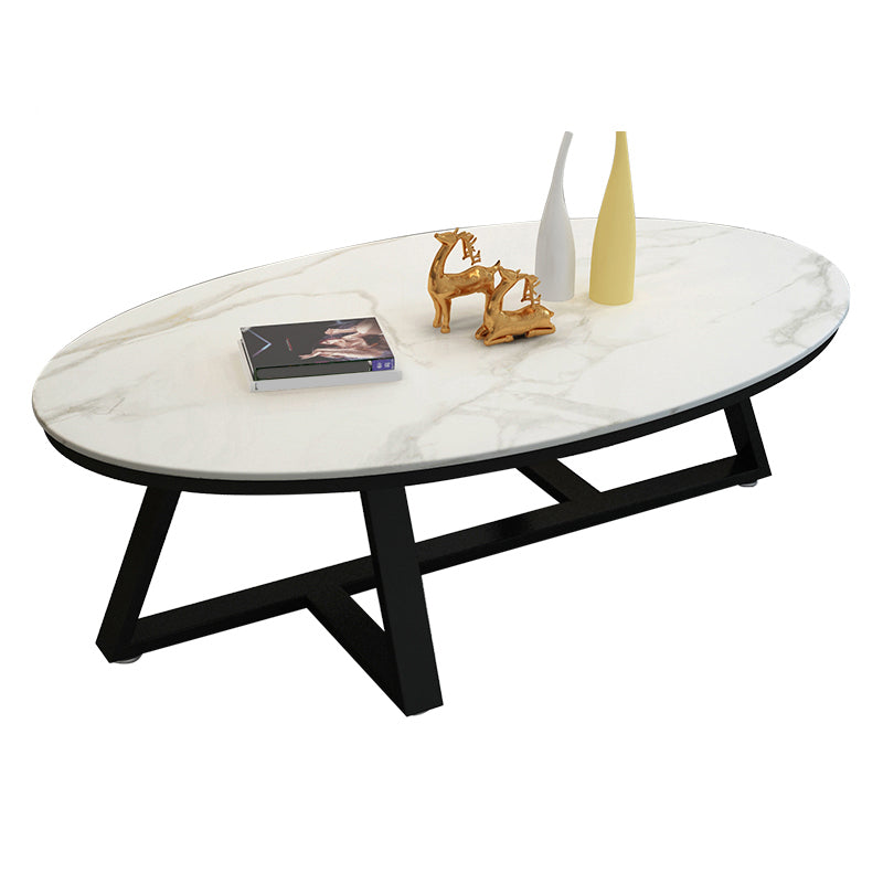 Glam Metal Cross Legs Coffee Table Faux Marble/Slate Oval Coffee Table Black White Grey Clearhalo 'Coffee & Accent Tables' 'Coffee Tables' 'coffee_tables' 'furn' 'furn_coffee_tables' 'Furniture' 'Living Room Furniture' 5391427