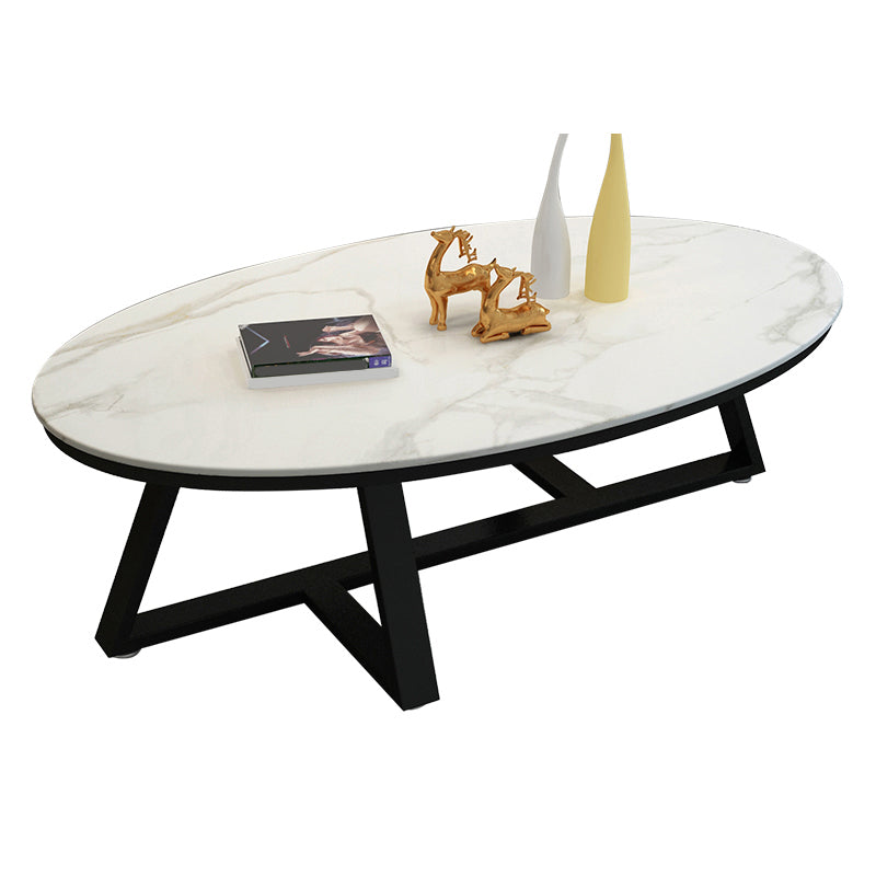 Glam Metal Cross Legs Coffee Table Faux Marble/Slate Oval Coffee Table Black Gloss White Clearhalo 'Coffee & Accent Tables' 'Coffee Tables' 'coffee_tables' 'furn' 'furn_coffee_tables' 'Furniture' 'Living Room Furniture' 5391430