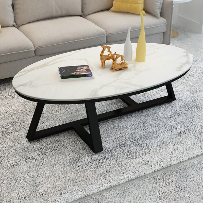Glam Metal Cross Legs Coffee Table Faux Marble/Slate Oval Coffee Table 47"L x 28"W x 18"H Black White Grey Clearhalo 'Coffee & Accent Tables' 'Coffee Tables' 'coffee_tables' 'furn' 'furn_coffee_tables' 'Furniture' 'Living Room Furniture' 5391438