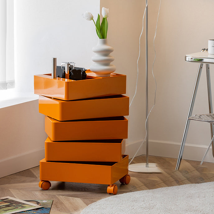 Mesa de noche de plástico de 28 "de altura con cajones y ruedas