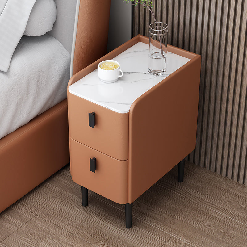 Modern Stone Top Night Table with Drawers 4 Legs Leather Nightstand Orange Clearhalo 'Bedroom Furniture' 'furn' 'furn_night_stand' 'Furniture' 'night_stand' 'Nightstands' 5392304