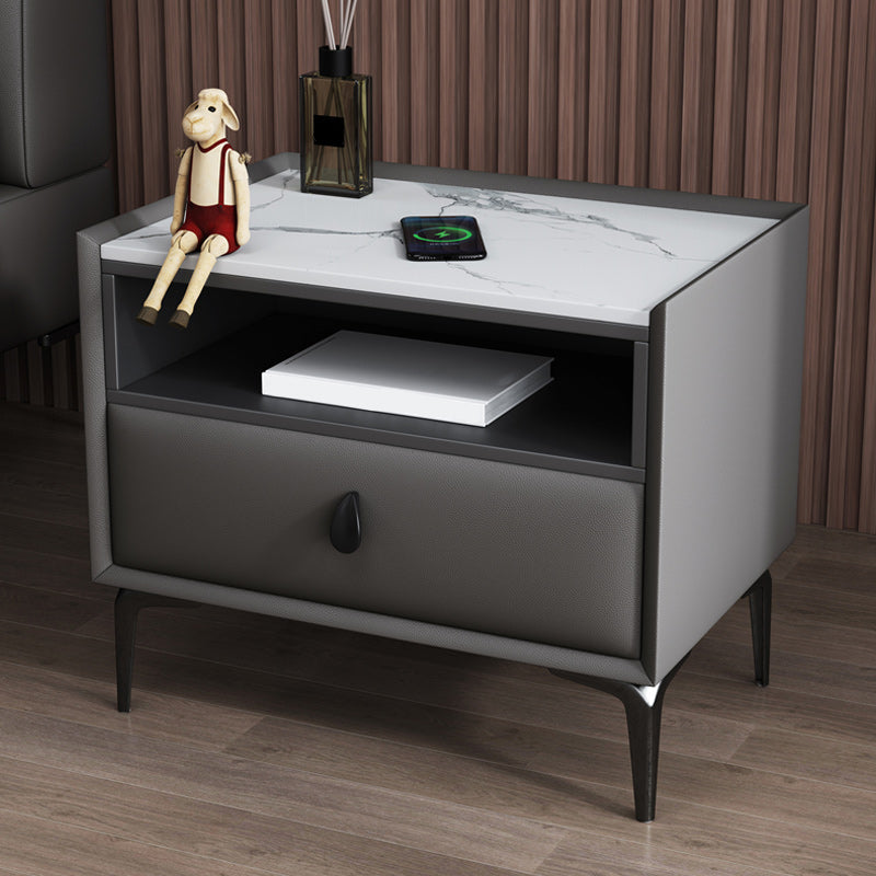 Modern de cuero de cuero 4 patas Nightsand stone Top Night Table con cajón