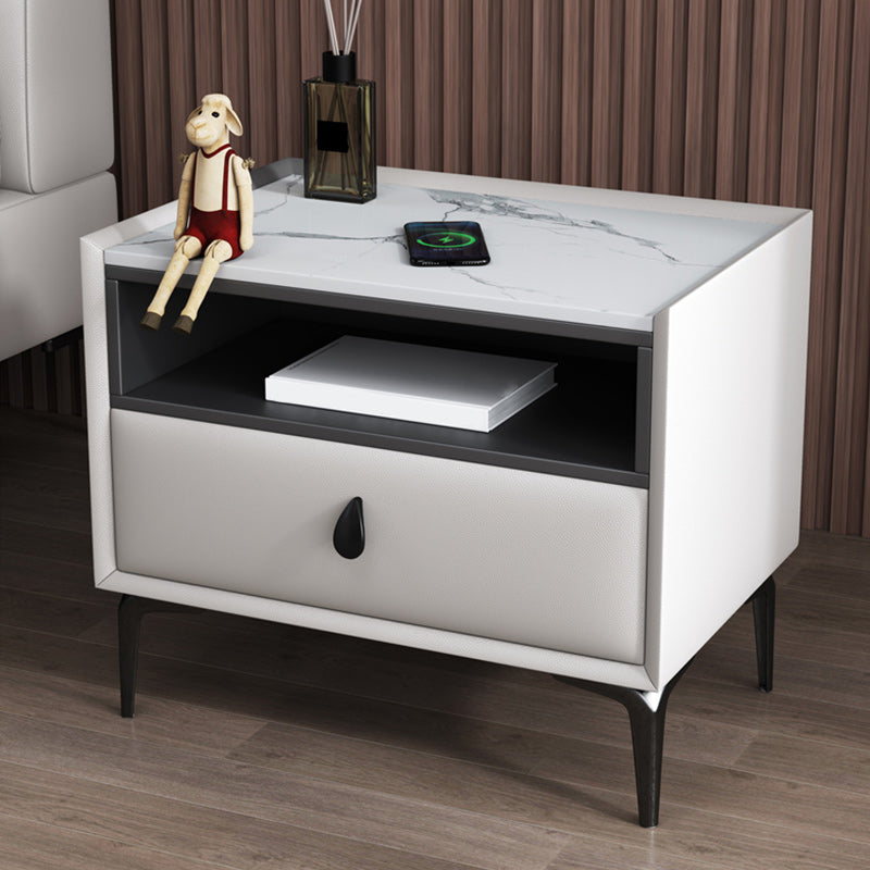 Modern de cuero de cuero 4 patas Nightsand stone Top Night Table con cajón