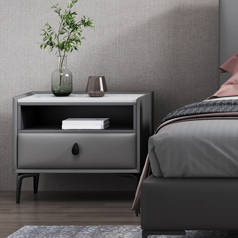 Modern de cuero de cuero 4 patas Nightsand stone Top Night Table con cajón