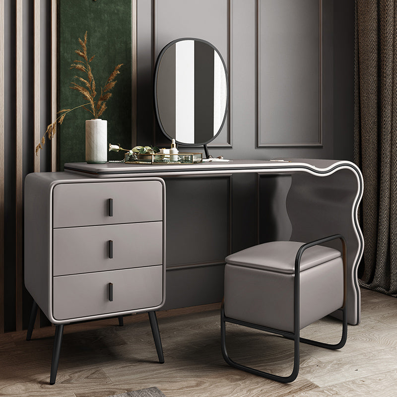 3 Drawers Make-up Vanity Set, 28.74" H Leather Vanity with Stool & Mirror Makeup Vanity & Mirror & Stools Gray Black Clearhalo 'Bedroom Furniture' 'furn' 'furn_makeup_vanities' 'Furniture' 'Makeup Vanities' 'makeup_vanities' 5397895