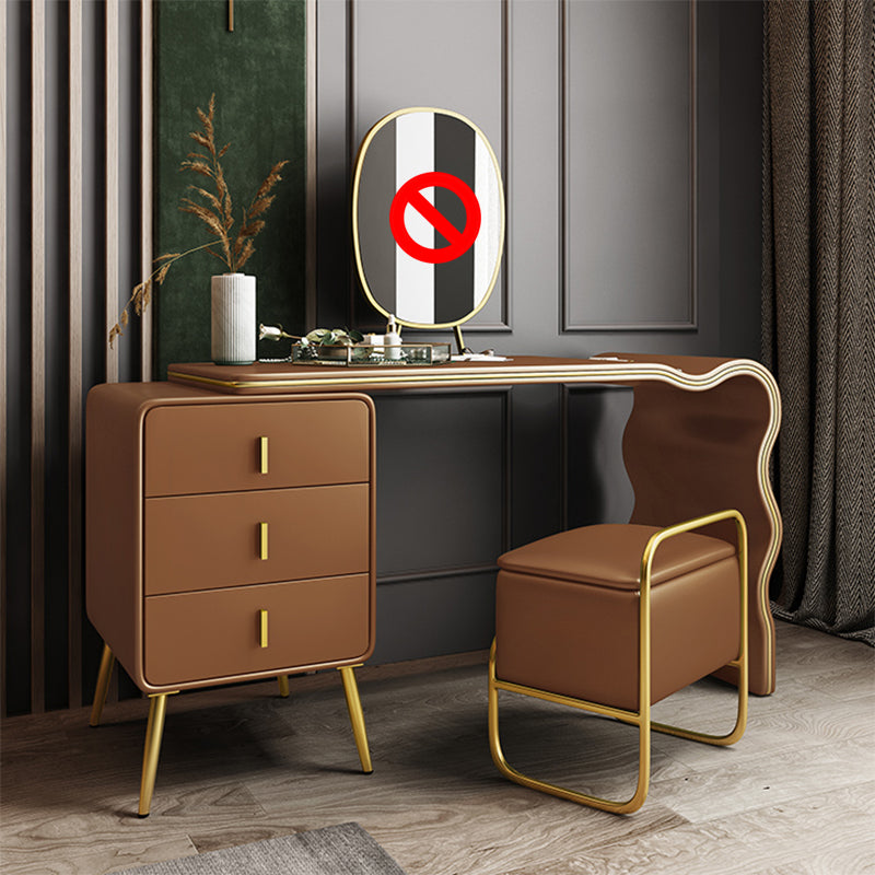 3 Drawers Make-up Vanity Set, 28.74" H Leather Vanity with Stool & Mirror Makeup Vanity & Stools Gold-Brown Clearhalo 'Bedroom Furniture' 'furn' 'furn_makeup_vanities' 'Furniture' 'Makeup Vanities' 'makeup_vanities' 5397897