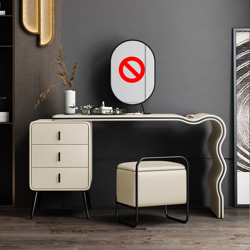 3 Drawers Make-up Vanity Set, 28.74" H Leather Vanity with Stool & Mirror Makeup Vanity & Stools Off-White Clearhalo 'Bedroom Furniture' 'furn' 'furn_makeup_vanities' 'Furniture' 'Makeup Vanities' 'makeup_vanities' 5397900