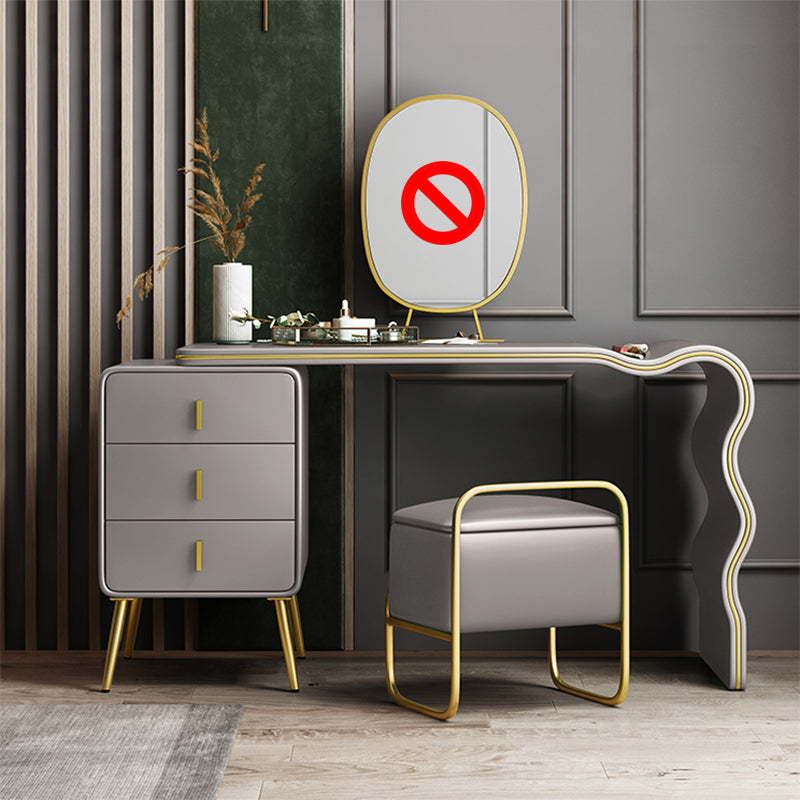 3 Drawers Make-up Vanity Set, 28.74" H Leather Vanity with Stool & Mirror Makeup Vanity & Stools Grey-Gold Clearhalo 'Bedroom Furniture' 'furn' 'furn_makeup_vanities' 'Furniture' 'Makeup Vanities' 'makeup_vanities' 5397901