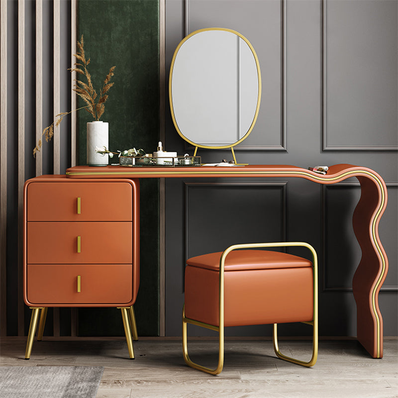 3 Drawers Make-up Vanity Set, 28.74" H Leather Vanity with Stool & Mirror Makeup Vanity & Mirror & Stools Orange Gold Clearhalo 'Bedroom Furniture' 'furn' 'furn_makeup_vanities' 'Furniture' 'Makeup Vanities' 'makeup_vanities' 5397915