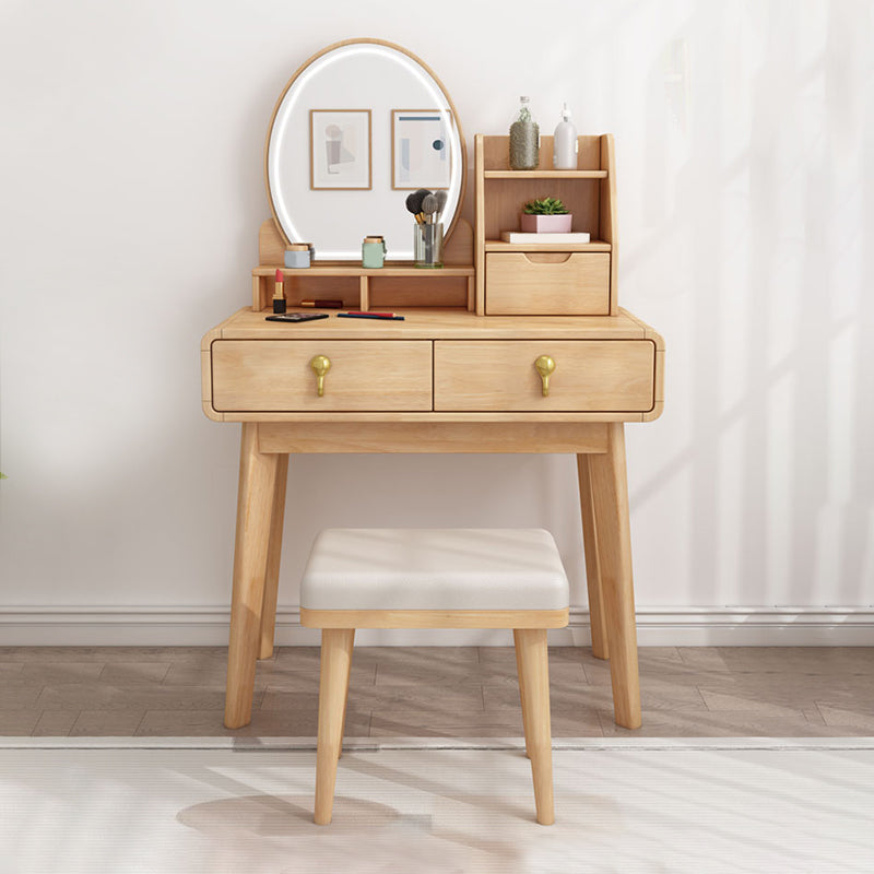 Natural/Brown Wooden Vanity with Mirror, 2 Drawers Dresser - 27.56"/31.5" W