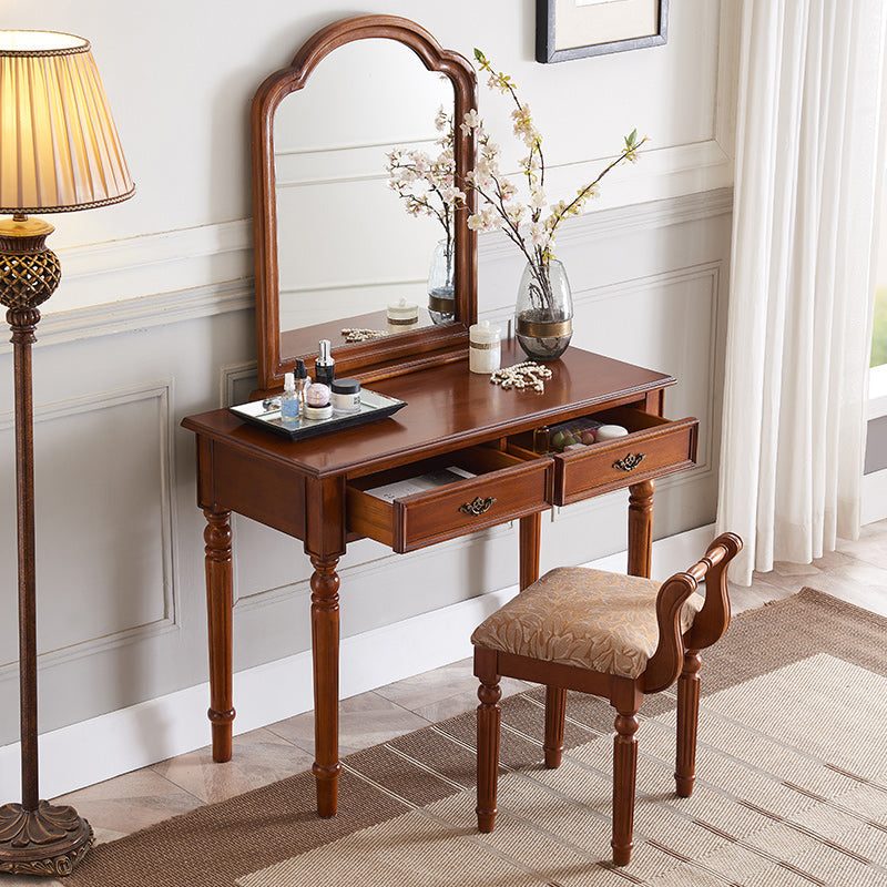 Bureau de vanité en bois massif, 2 tiroirs avec miroir et tabouret rembourré, 29,92 "H