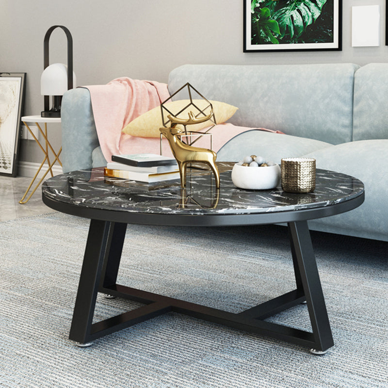 Glam Cross Legs Coffee Table Faux Marble Round Cocktail Table 39"L x 39"W x 18"H Black Black Clearhalo 'Coffee & Accent Tables' 'Coffee Tables' 'coffee_tables' 'furn' 'furn_coffee_tables' 'Furniture' 'Living Room Furniture' 5400845