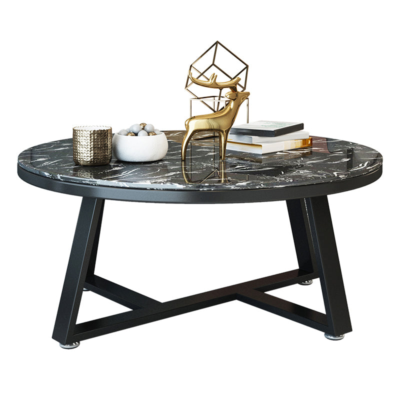 Glam Cross Legs Coffee Table Faux Marble Round Cocktail Table Black Black Clearhalo 'Coffee & Accent Tables' 'Coffee Tables' 'coffee_tables' 'furn' 'furn_coffee_tables' 'Furniture' 'Living Room Furniture' 5400846