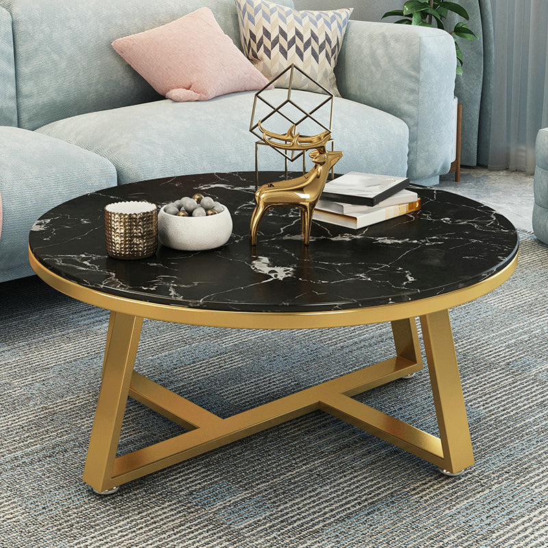 Glam Cross Legs Coffee Table Faux Marble Round Cocktail Table 39"L x 39"W x 18"H Gold Black Clearhalo 'Coffee & Accent Tables' 'Coffee Tables' 'coffee_tables' 'furn' 'furn_coffee_tables' 'Furniture' 'Living Room Furniture' 5400849