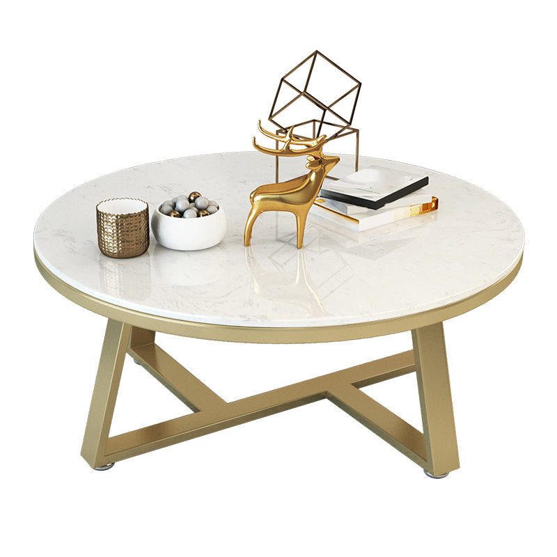 Glam Cross Legs Coffee Table Faux Marble Round Cocktail Table Gold White Clearhalo 'Coffee & Accent Tables' 'Coffee Tables' 'coffee_tables' 'furn' 'furn_coffee_tables' 'Furniture' 'Living Room Furniture' 5400857