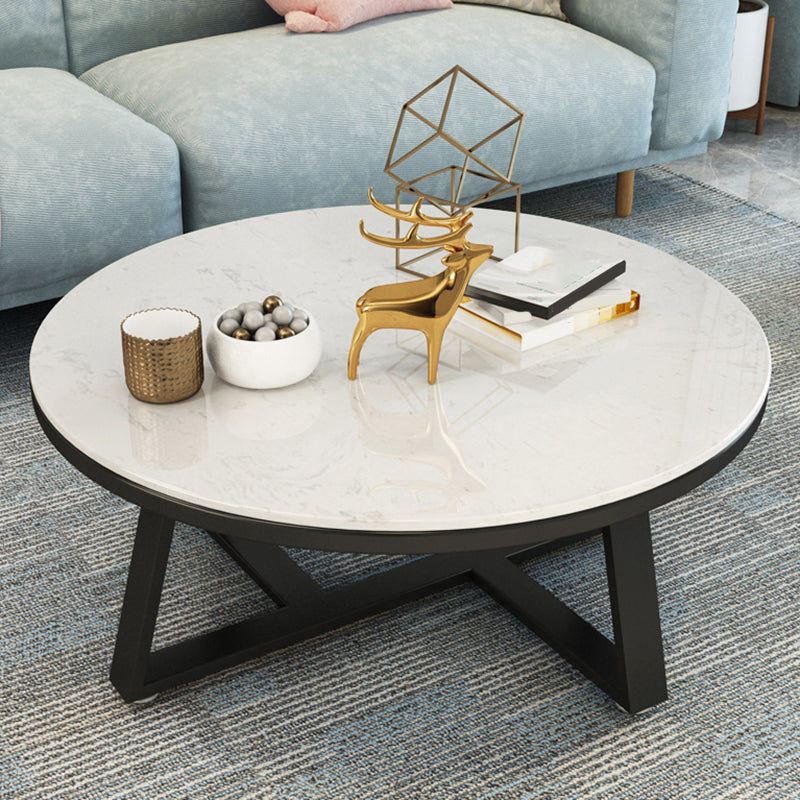 Glam Cross Legs Coffee Table Faux Marble Round Cocktail Table 39"L x 39"W x 18"H Black White Clearhalo 'Coffee & Accent Tables' 'Coffee Tables' 'coffee_tables' 'furn' 'furn_coffee_tables' 'Furniture' 'Living Room Furniture' 5400859