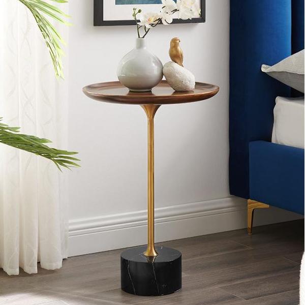 Mid-Century Modern Solid Wood Top End Table Marble Pedestal Sofa Side Table
