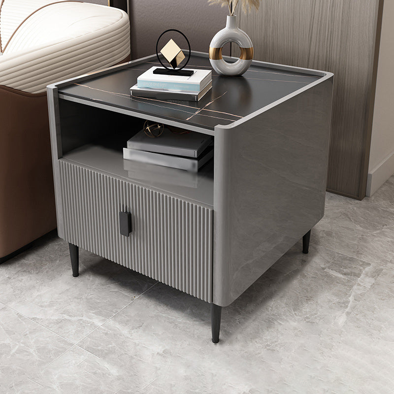 Modern Stone Top End Table 4 Legs Side Table with Drawer and Shelf