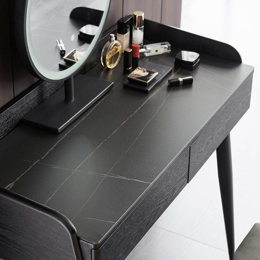 Vanity di pietra contemporanea, 2 cassetti di stoccaggio con sgabello, nero/nero