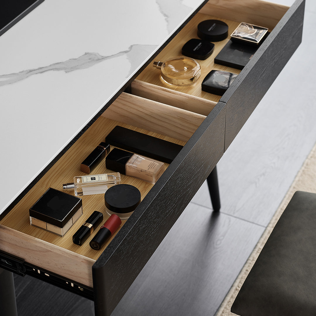 Vanité en pierre contemporaine, 2 tiroirs de rangement avec tabourets, noir / blanc