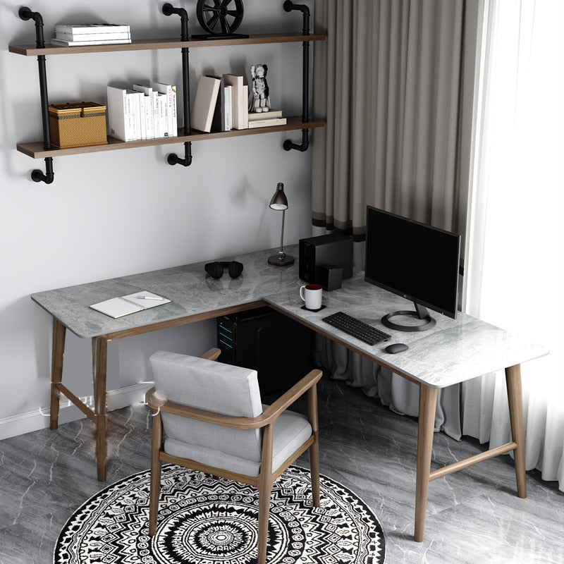 Glam L-Shape Writing Desk Stone Desktop with Solid Wood Table Leg Clearhalo 'furn' 'furn_office_desk' 'Furniture' 'Office Desks' 'Office Furniture' 'office_desk' 5405476