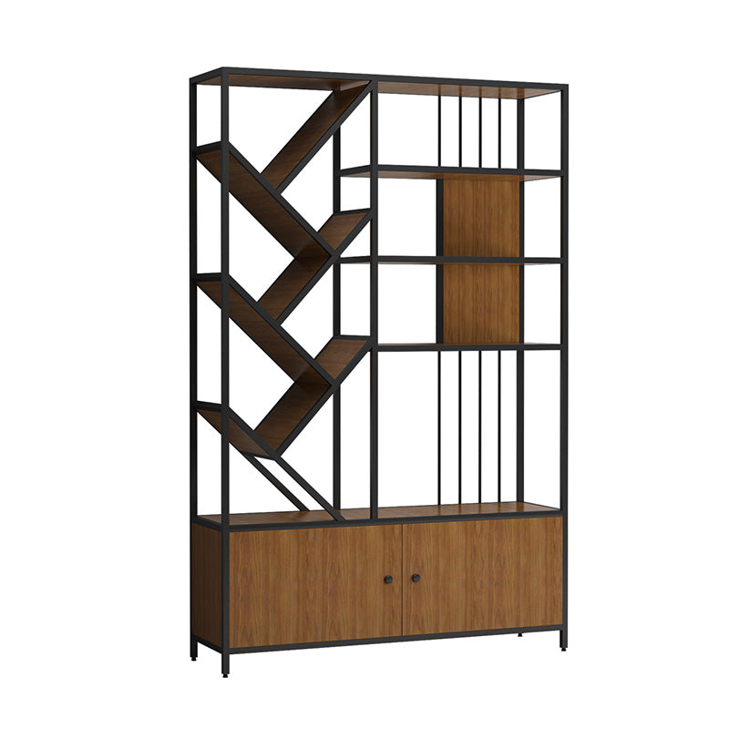 Scandinavian Open Back Bookshelf Metal Bookcase with Cabinet Brown Clearhalo 'Bookcases' 'furn' 'furn_bookcases' 'Furniture' 'Office Furniture' 5406292