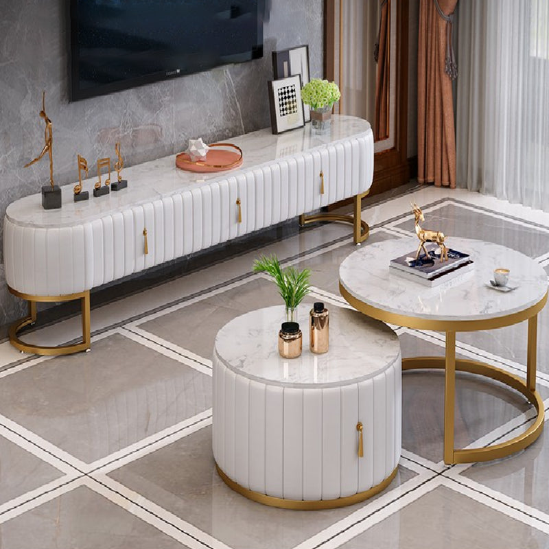 Meuble TV scandinave imitation marbre, console TV de rangement fermée avec tiroirs
