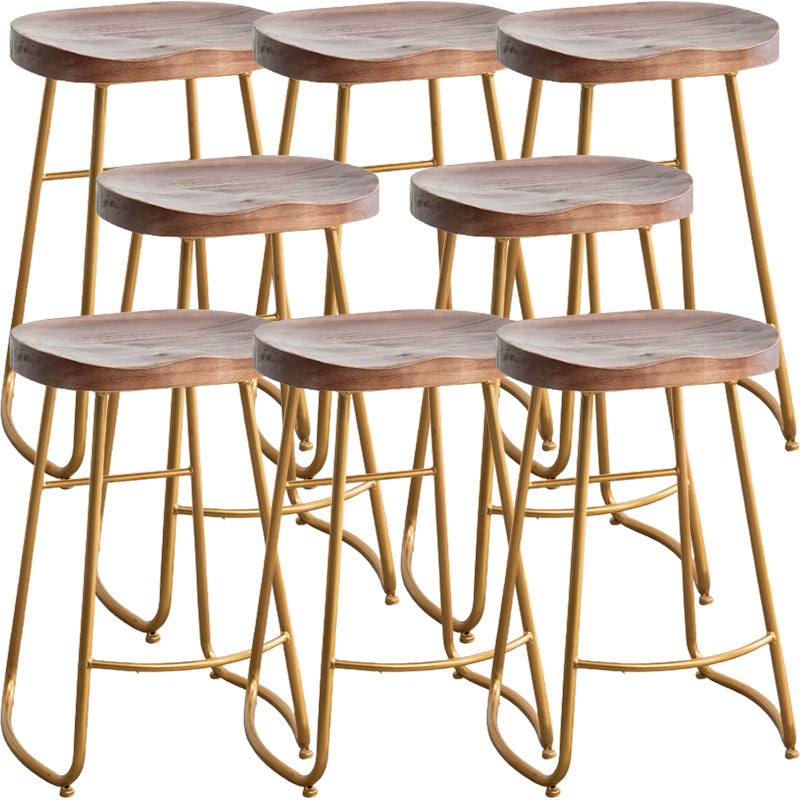 Modern Armless Backless Counter Stool Iron Kitchen Bar Stool with Pedal and Wooden Seat