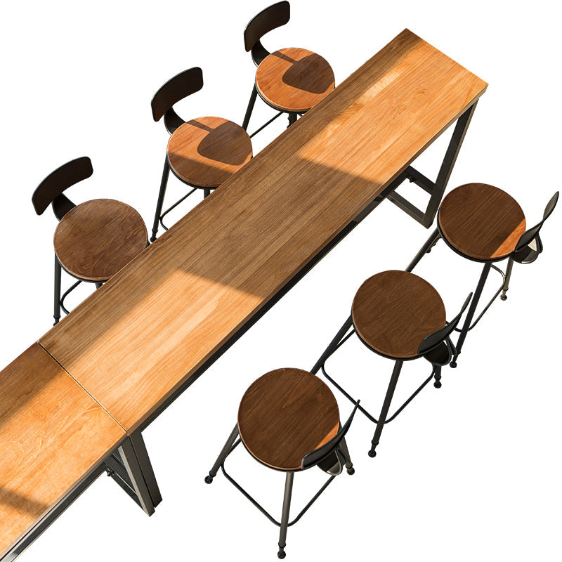 1/4/5/7 Pieces Industrial Iron Bar Table Set Rectangle Pine Wood Bistro Set with Footrest 7 Pieces: Table, 6 Wood Chairs Clearhalo 'Bar Furniture' 'furn' 'furn_home_bar_bar_sets' 'Furniture' 'Home Bars & Bar Sets' 'home_bar_bar_sets' 'Kitchen & Dining Furniture' 5407762