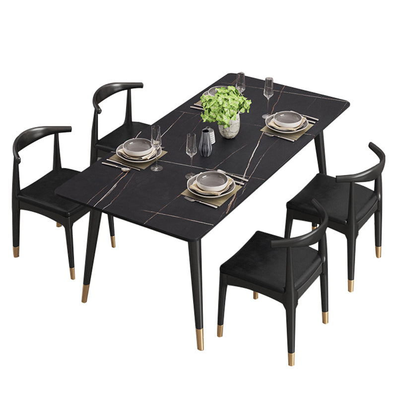 Modern Stone Top Dinette Set 1/2/4/5/7 Pieces Rectangle Dining Table Set in Black 5 Pieces: Table, 4 Chairs Clearhalo 'Dining Room Sets' 'Dining Tables & Seating' 'dining_room_set' 'furn' 'furn_dining_room_set' 'Furniture' 'Kitchen & Dining Furniture' 5407991