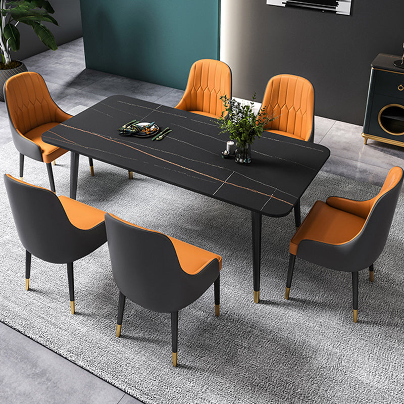 Black Rectangle Dining Table Set 1/2/5/7 Pieces Stone and Metal Dinette Set 7 Pieces: Table, 6 Orange Chairs Clearhalo 'Dining Room Sets' 'Dining Tables & Seating' 'dining_room_set' 'furn' 'furn_dining_room_set' 'Furniture' 'Kitchen & Dining Furniture' 5408034