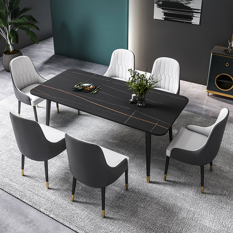 Black Rectangle Dining Table Set 1/2/5/7 Pieces Stone and Metal Dinette Set 7 Pieces: Table, 6 White Chairs Clearhalo 'Dining Room Sets' 'Dining Tables & Seating' 'dining_room_set' 'furn' 'furn_dining_room_set' 'Furniture' 'Kitchen & Dining Furniture' 5408035