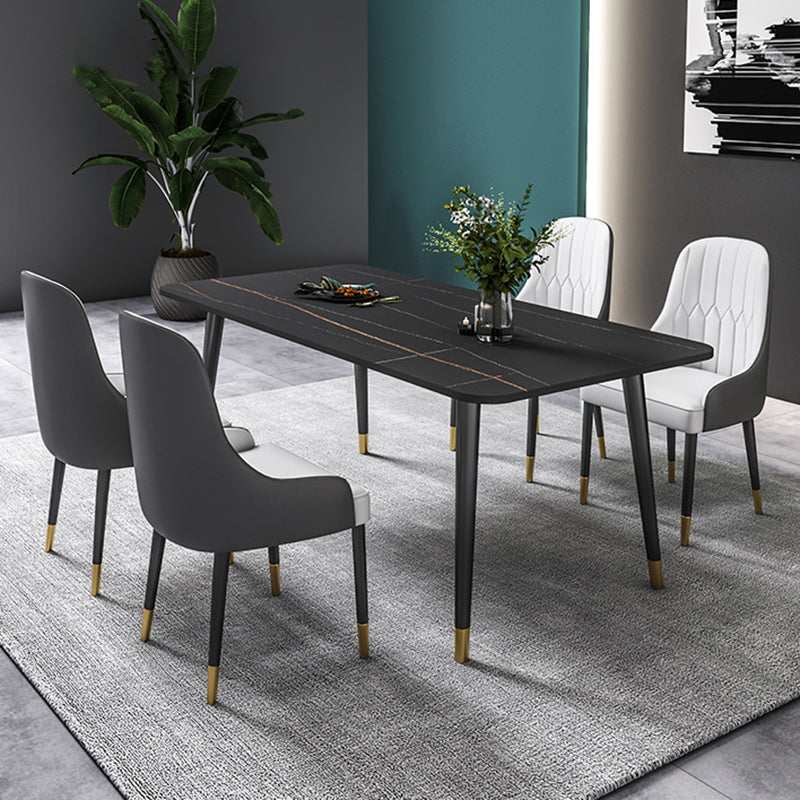 Black Rectangle Dining Table Set 1/2/5/7 Pieces Stone and Metal Dinette Set 5 Pieces: Table, 4 White Chairs Clearhalo 'Dining Room Sets' 'Dining Tables & Seating' 'dining_room_set' 'furn' 'furn_dining_room_set' 'Furniture' 'Kitchen & Dining Furniture' 5408036