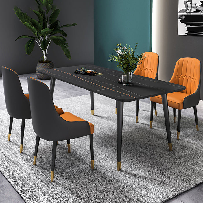 Black Rectangle Dining Table Set 1/2/5/7 Pieces Stone and Metal Dinette Set 5 Pieces: Table, 4 Orange Chairs Clearhalo 'Dining Room Sets' 'Dining Tables & Seating' 'dining_room_set' 'furn' 'furn_dining_room_set' 'Furniture' 'Kitchen & Dining Furniture' 5408037