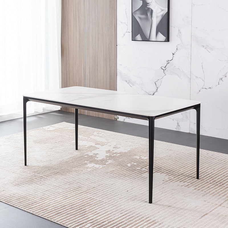 Modern Rectangle Dining Table Sintered Stone Top Table with 4 Black Metal Legs White Grey Without Chairs Clearhalo 'Dining Tables & Seating' 'Dining Tables' 'dining_table' 'furn' 'furn_dining_table' 'Furniture' 'Kitchen & Dining Furniture' 5408359