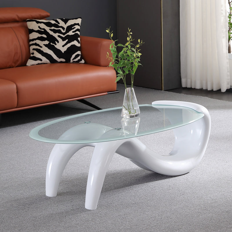 Glass Top Cocktail Table Oval Modern Minimalist Coffee Table White-Clear Clearhalo 'Coffee & Accent Tables' 'Coffee Tables' 'coffee_tables' 'furn' 'furn_coffee_tables' 'Furniture' 'Living Room Furniture' 5412936