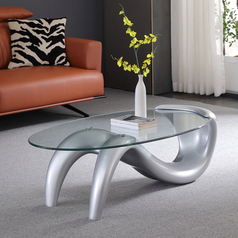 Glass Top Cocktail Table Oval Modern Minimalist Coffee Table Silver Clearhalo 'Coffee & Accent Tables' 'Coffee Tables' 'coffee_tables' 'furn' 'furn_coffee_tables' 'Furniture' 'Living Room Furniture' 5412947