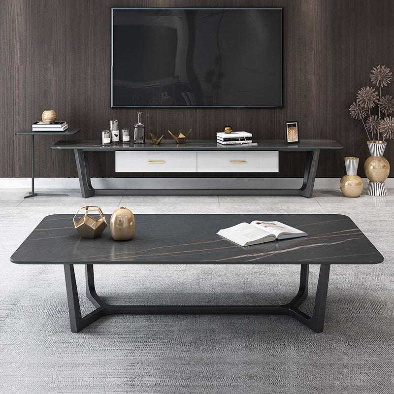 Modern Style Rectangular Slate Table with Metal Trestle Type Base Coffee Table