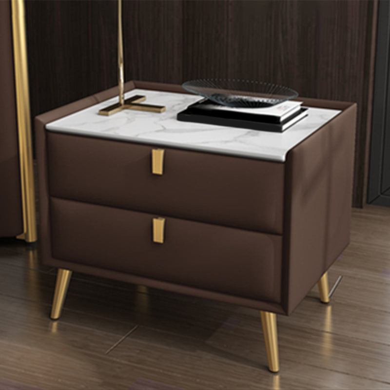 Solid Wood Bedside Table, Modern 2 - Drawer Stone Top Nightstand Coffee Gold Clearhalo 'Bedroom Furniture' 'furn' 'furn_night_stand' 'Furniture' 'night_stand' 'Nightstands' 5413532