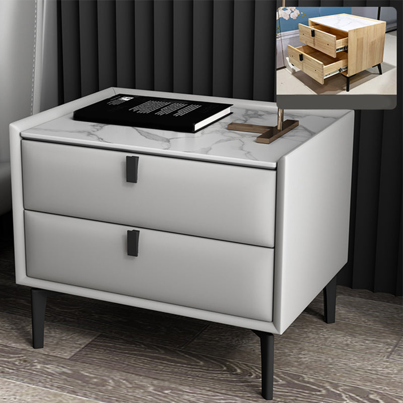 Solid Wood Bedside Table, Modern 2 - Drawer Stone Top Nightstand Off-White Black Clearhalo 'Bedroom Furniture' 'furn' 'furn_night_stand' 'Furniture' 'night_stand' 'Nightstands' 5413548