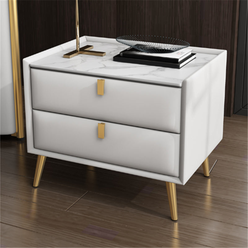 Solid Wood Bedside Table, Modern 2 - Drawer Stone Top Nightstand Off-White Gold Clearhalo 'Bedroom Furniture' 'furn' 'furn_night_stand' 'Furniture' 'night_stand' 'Nightstands' 5413549
