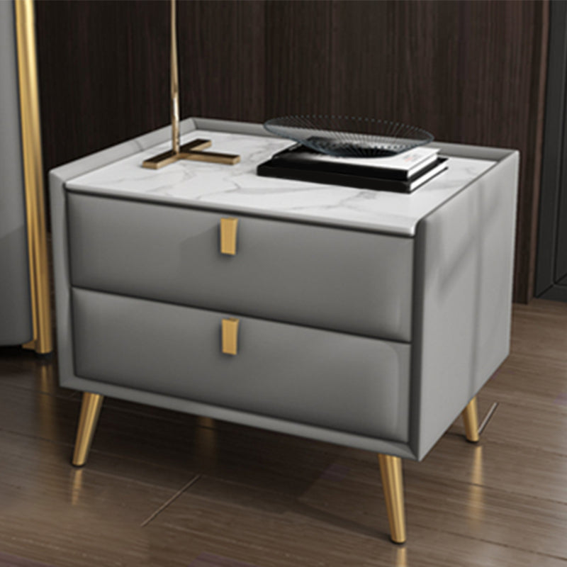 Solid Wood Bedside Table, Modern 2 - Drawer Stone Top Nightstand Light Gray Gold Clearhalo 'Bedroom Furniture' 'furn' 'furn_night_stand' 'Furniture' 'night_stand' 'Nightstands' 5413551