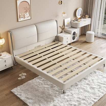 Letto moderno a pannello in legno beige vera pelle di pelle standard con testiera imbottita