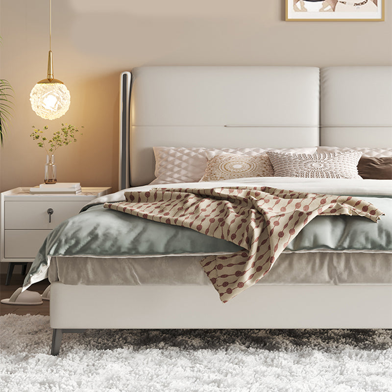 Letto moderno a pannello in legno beige vera pelle di pelle standard con testiera imbottita