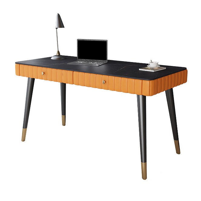 Contemporary Office Desk Sintered Stone Desktop with 2 Drawers Black Table Leg Desk Orange Clearhalo 'furn' 'furn_office_desk' 'Furniture' 'Office Desks' 'Office Furniture' 'office_desk' 5419217